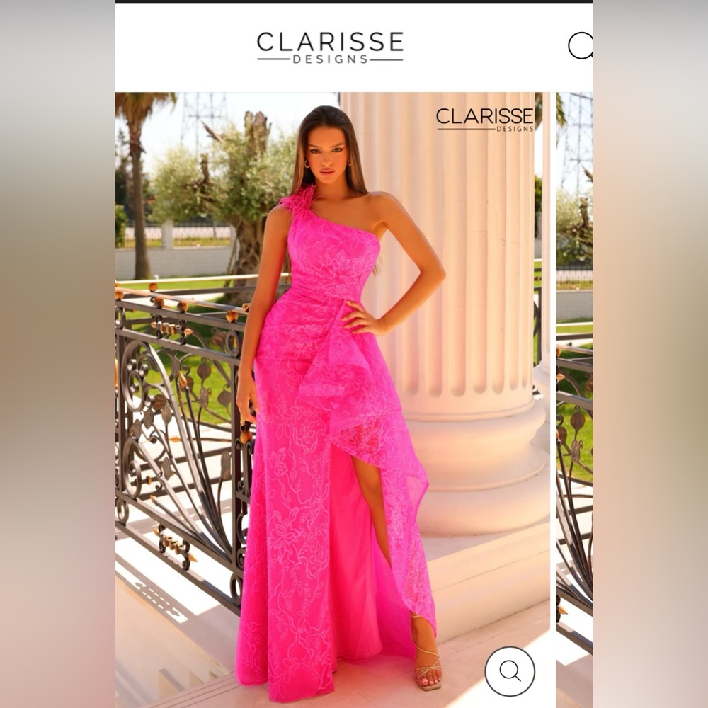 Clarisse One-Shoulder Hot Pink Lace Evening Gown